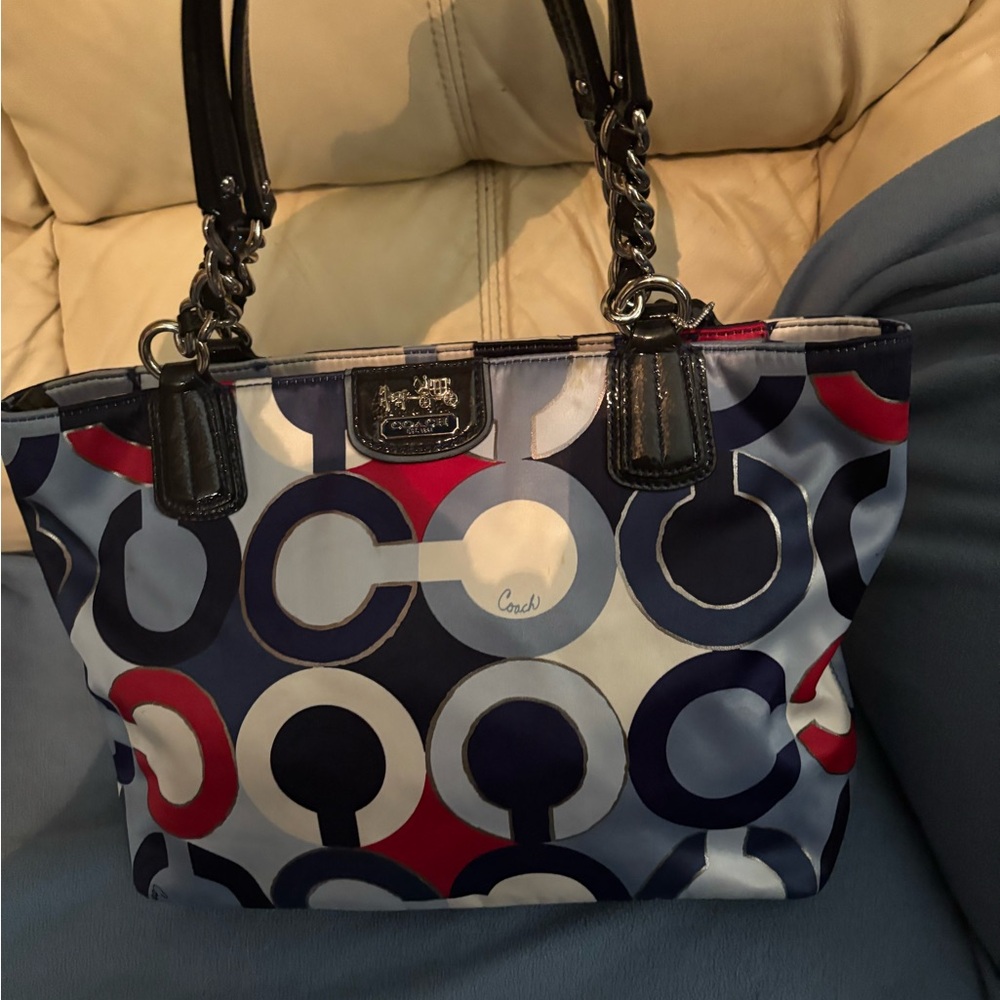 Coach Blue and Red Geometric Tote Bag